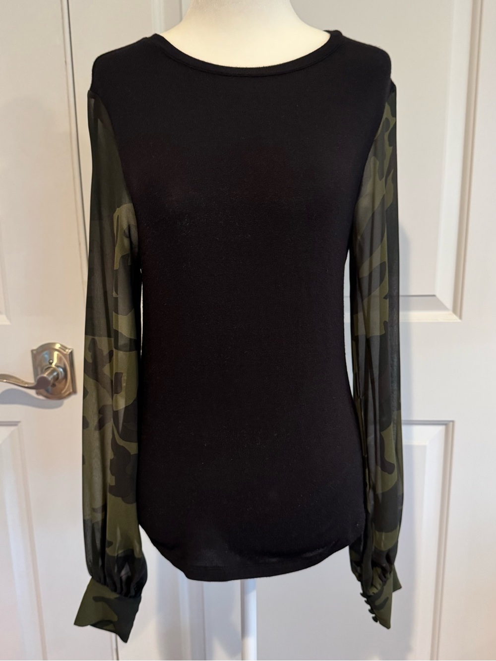 Women's Generation Love Black Long-Sleeve Top with Olive Camo Sheer Sleeves